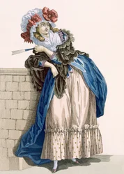 L&39;Amiable Cephise, gravado por Dupin, placa no.205 de &39;Galeries des Modes et Costumes Francais&39;, c.1778-87 99: vestuário; vestido tradicional; traje tradicional; moda; illust